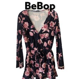 BeBop Velvet Floral Long Sleeve Velvet Romper Navy Pink M